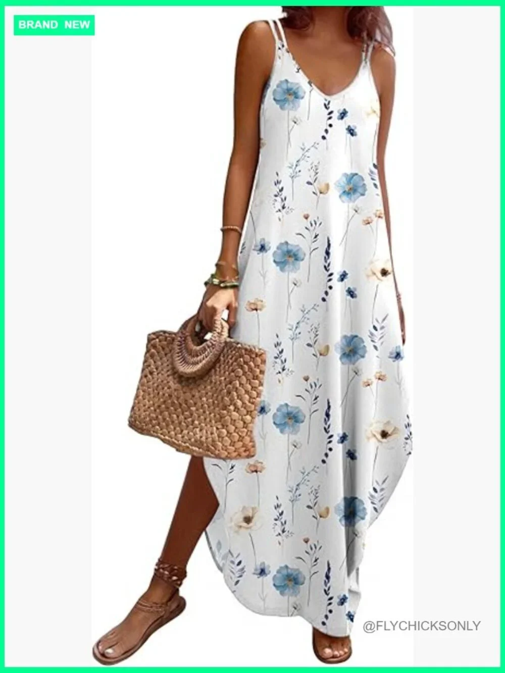 Casual Maxi Sundress Sleeveless V Neck Split Boho Beach Dress with Pockets
